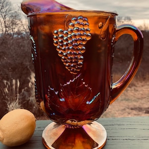 Vintage Indiana Glass Iridescent Amber Gold Carnival glass Harvest Grapes Footed Pitcher