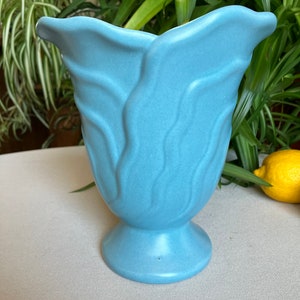 May include: A light blue ceramic vase with a leaf design. The vase has a wide mouth and a round base.