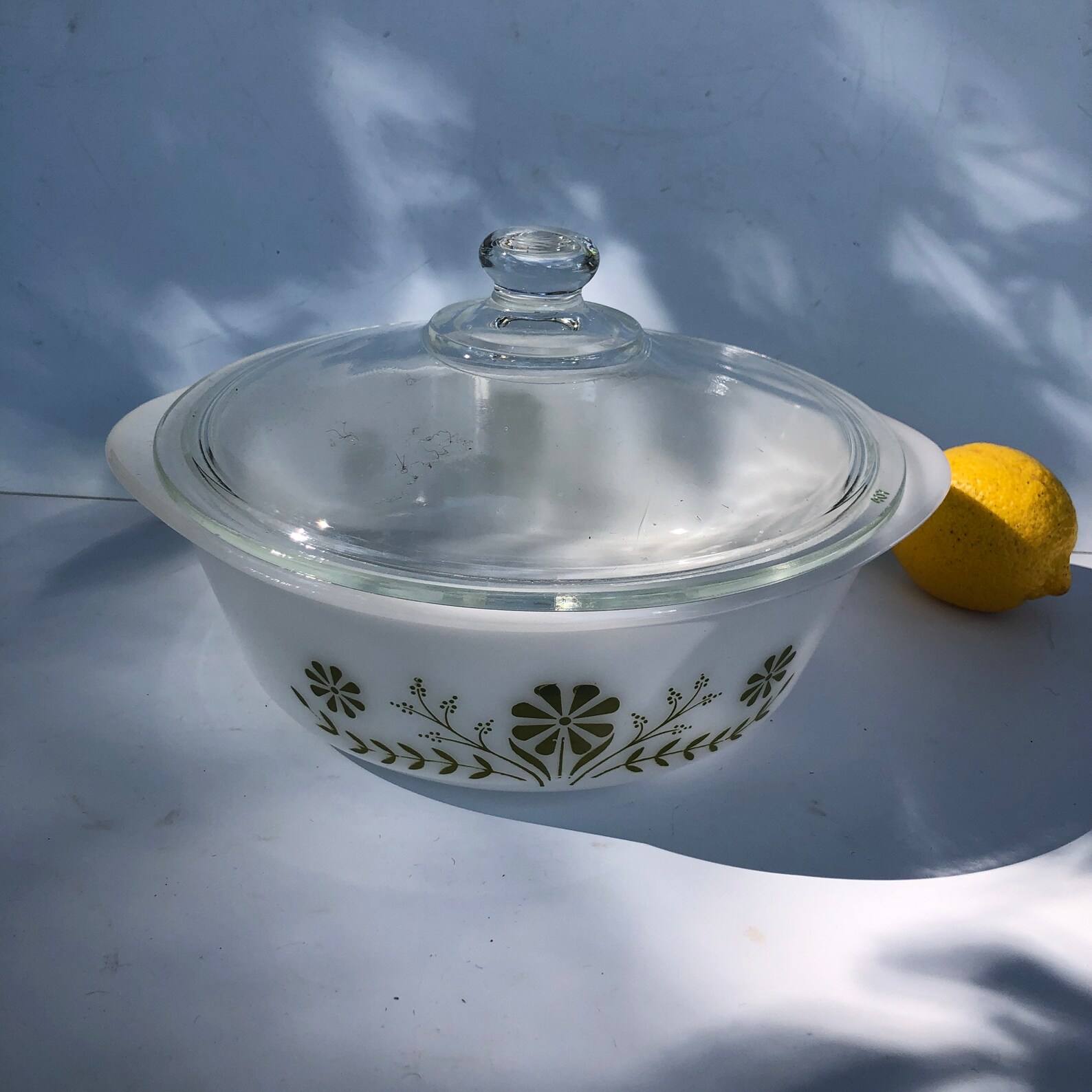 Glasbake Vintage Casserole With Olive Green Floral Etsy UK