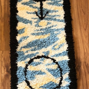 Vintage 1970s male female symbols hand crafted hooked yarn wall hanging