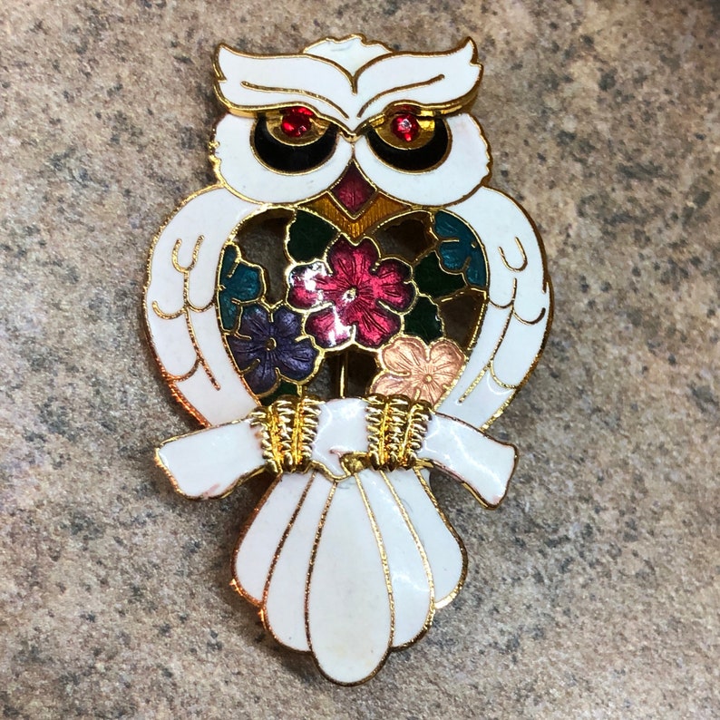 Vintage enameled owl brooch pin 1980s image 3