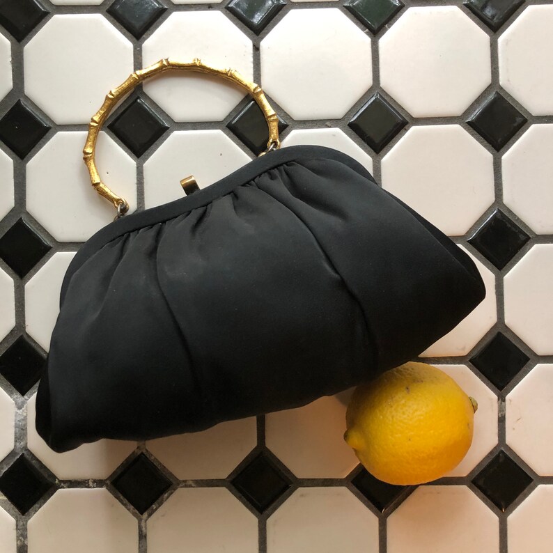 Vintage mid century After Five black evening clutch purse with brass bamboo handle