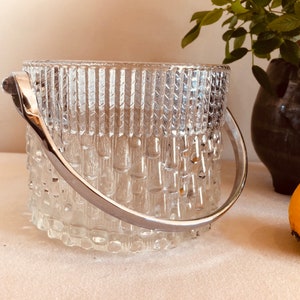 Teleflora France Glass Ice Bucket Wine Cooler Chrome Handle Raindrops MCM