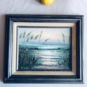 Vintage outsider artist oil painting of beach grasses signed