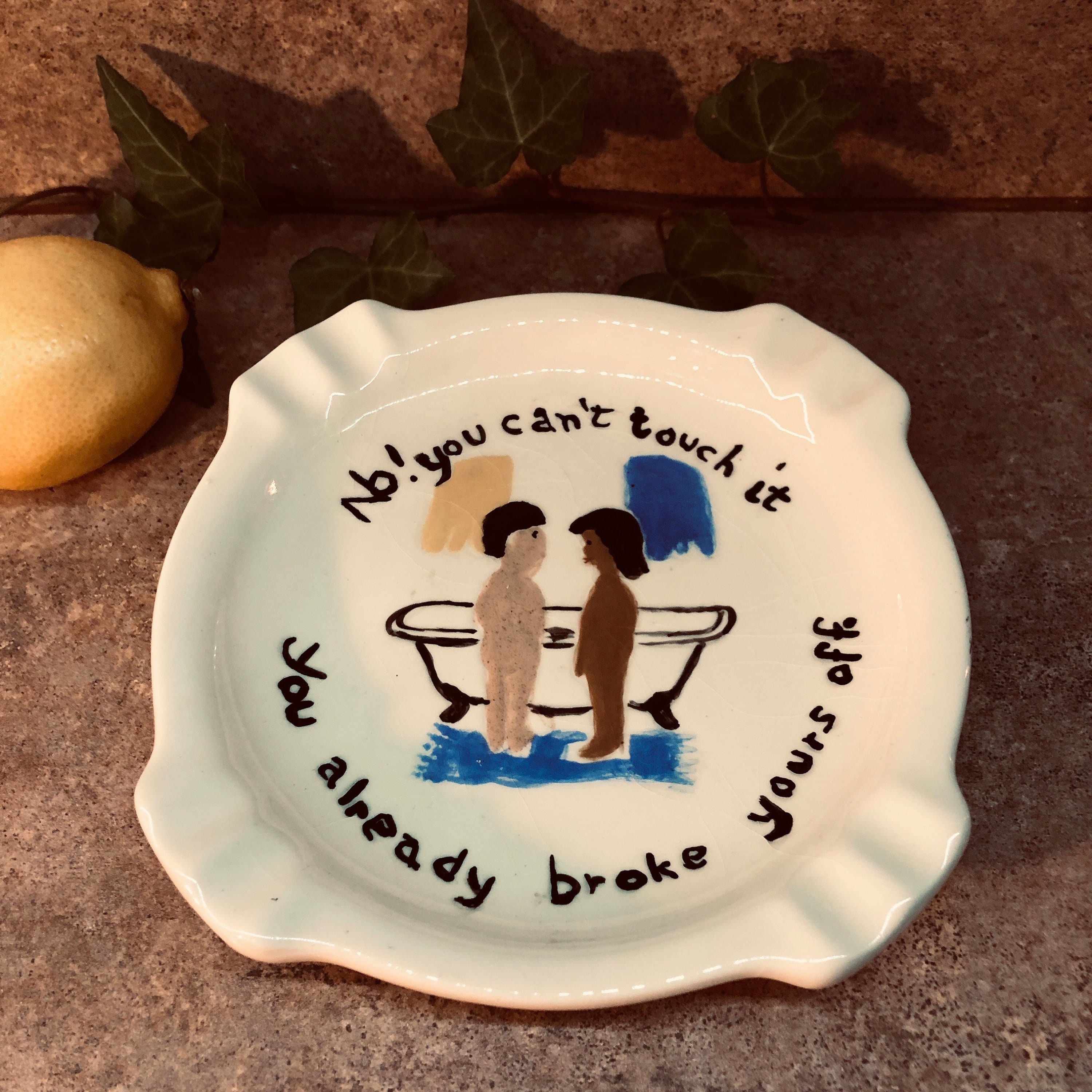 Funny Vintage Hand Painted Ashtray With Children and Bath Tub
