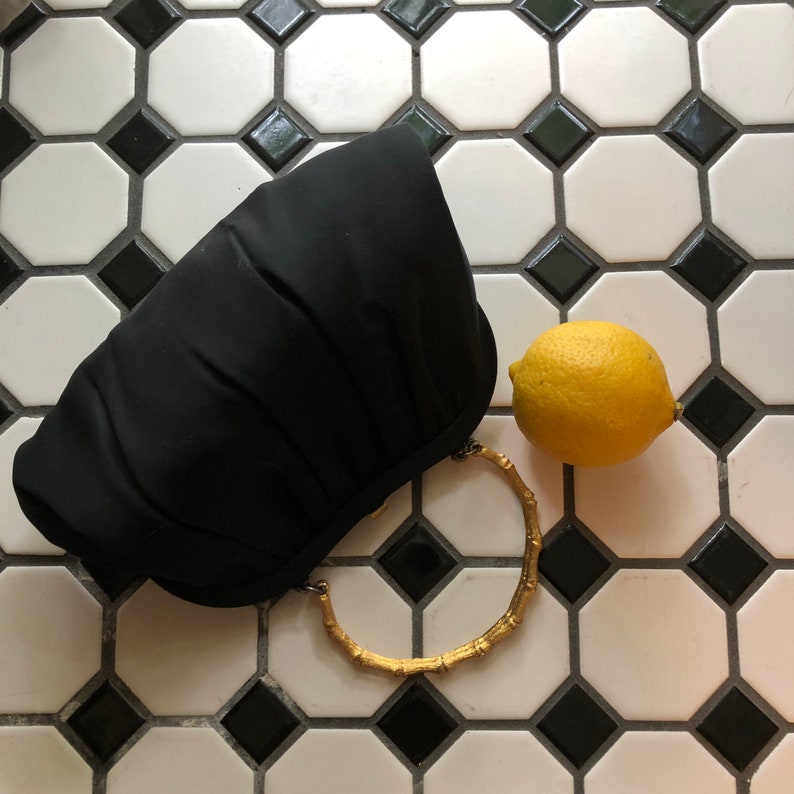Vintage mid century After Five black evening clutch purse with brass bamboo handle