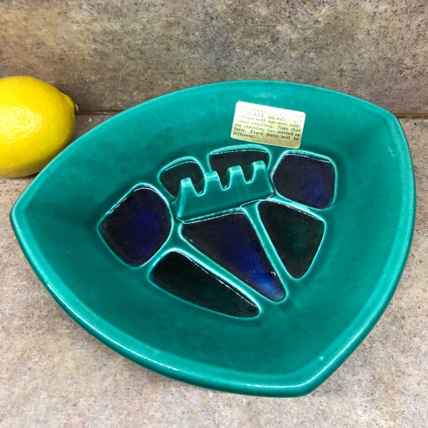 RARE mid century modern atomic ashtray green and cobalt blue glazed ceramic new with sticker 1950s USA A 44