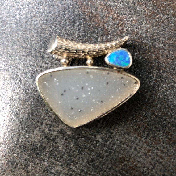 Druzy and fire opal sterling silver pendant - image 3
