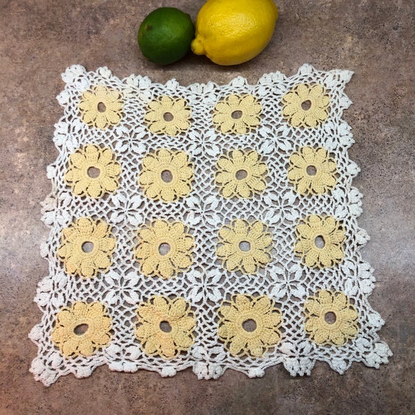 Vintage daisy yellow floral doily hand crocheted