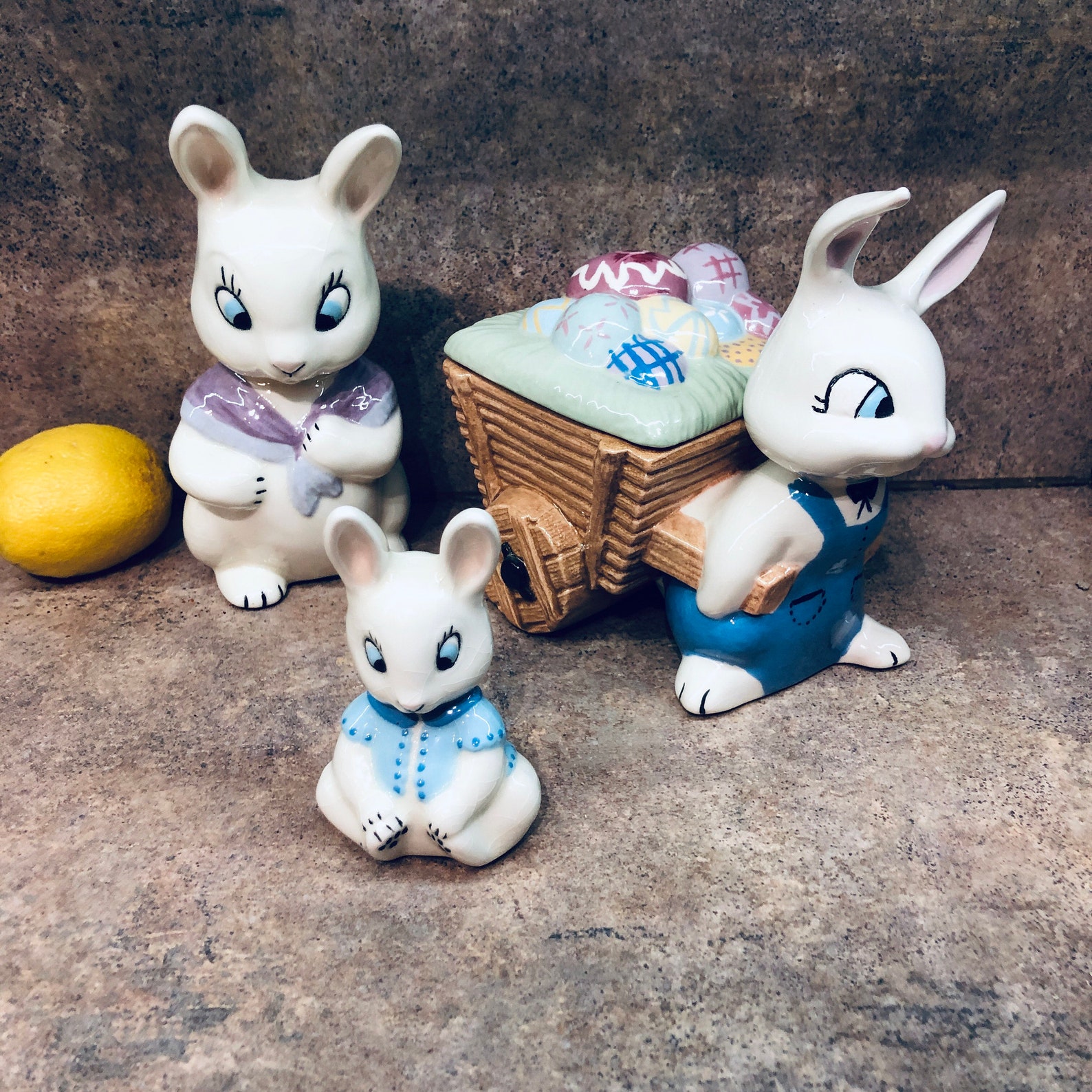 Vintage hand painted ceramic family of three bunny rabbits Etsy