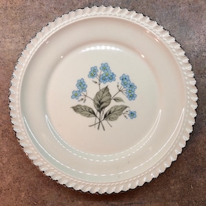 May include: A white ceramic plate with a silver rim and a floral design featuring blue forget-me-not flowers. The plate has a rope-like border.