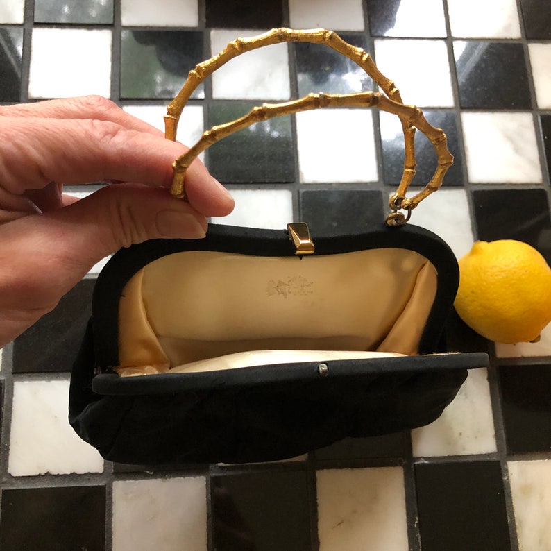 Vintage mid century After Five black evening clutch purse with brass bamboo handle