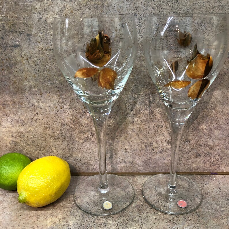 Wedding crystal gold leaf and etched goblet pair from Romania