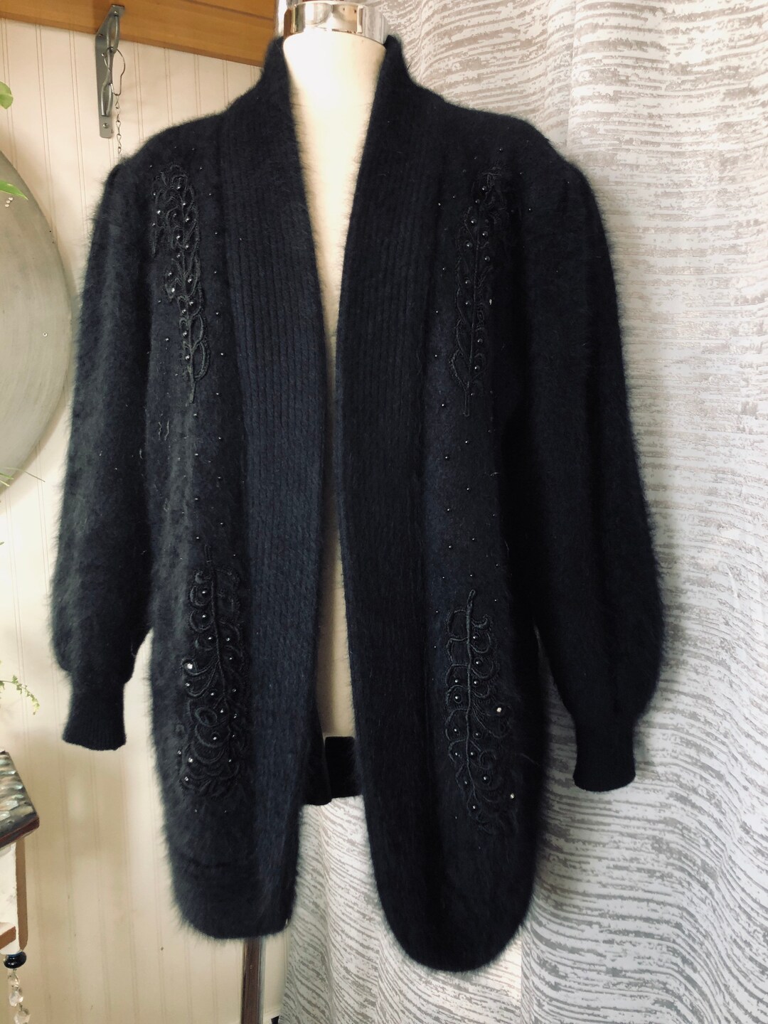 Lee Sands Sweater Coat Black Angora Rabbit Blend Fuzzy Open - Etsy