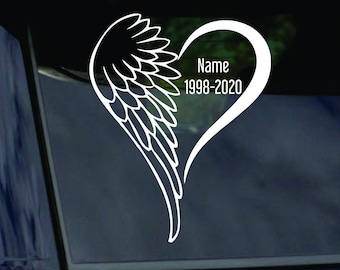 In Remembrance of Loved One Memory Car Decal Vinyl Sticker Angel Wings Heart with Custom Name and Years In Memory of Family Friend Loved One