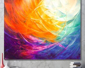 Pintura al óleo abstracta, naranja, azul, violeta, forma curva, arte contemporáneo, arte de pared grande, espátula, pintura abstracta, decoración moderna del hogar