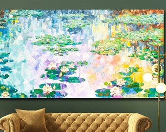 Water Lilies Oil Painting On Canvas,Abstract Lotus pond Oil Painting, Floral Landscape Art Custom Painting Minimalist Living Room Wall Décor