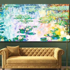 Water Lilies Oil Painting On Canvas,Abstract Lotus pond Oil Painting, Floral Landscape Art Custom Painting Minimalist Living Room Wall Décor