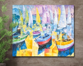 Sailboat Oil Painting On Canvas, Abstract Original Sailboat, Nautical Art Blue Ocean Painting,Custom Painting, Living Room Wall Décor