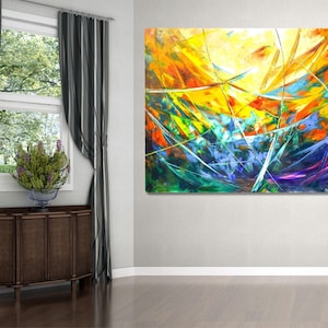 Peinture à l&#39;huile abstraite, Orange, bleu, forme incurvée, art contemporain, grand art mural, art au couteau, peinture abstraite, moderne, décoration d&#39;intérieur