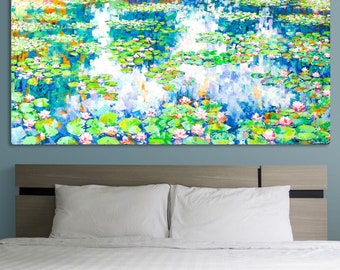Water Lilies Oil Painting On Canvas, Abstract Lotus pond Oil Painting,Floral Landscape Art,Custom Painting Minimalist Living Room Wall Décor