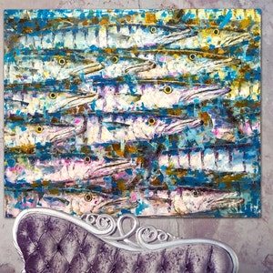 Fish painting Barracuda School of Fish, Original Barracuda oil painting, Abstract Ocean Painting,Custom Painting,Living Room Wall Art