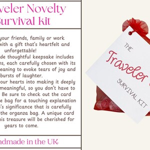 May include: A red organza bag with a white tag that reads "The Traveler's Survival Kit." The tag has a rainbow graphic. The text "Traveler Novelty Survival Kit" is at the top of the image. The kit includes 14 items.