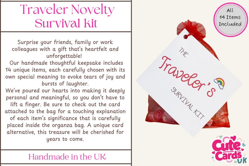 May include: A red organza bag with a white tag that reads "The Traveler's Survival Kit." The tag has a rainbow graphic. The text "Traveler Novelty Survival Kit" is at the top of the image. The kit includes 14 items.