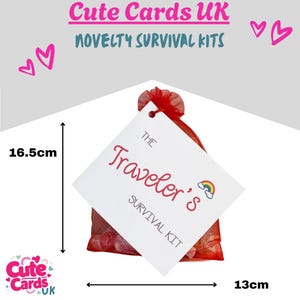 May include: A red mesh bag containing small items, with a white tag that reads "The Traveler's Survival Kit." The tag features a rainbow and cloud graphic. The bag is 16.5cm tall and 13cm wide. The text "Cute Cards UK" is at the top.