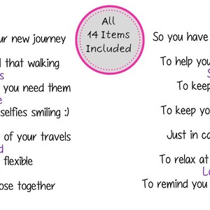 May include: A white background with purple text listing 14 items, including a candle, plaster, wobbly eyes, a smiley face, a toothpick, an elastic band, and a paper clip. The text is arranged in three columns with a pink circle in the center that says "All 14 Items Included."