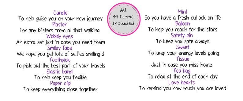 May include: A white background with purple text listing 14 items, including a candle, plaster, wobbly eyes, a smiley face, a toothpick, an elastic band, and a paper clip. The text is arranged in three columns with a pink circle in the center that says "All 14 Items Included."