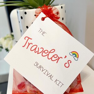 May include: A white tag with the text "The Traveler's Survival Kit" in red script, featuring a rainbow graphic. The tag is attached to a red mesh bag containing small items. The bag is tied with a red ribbon and sits in front of a black and white polka dot pot with a green plant.