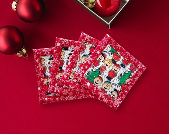 Christmas Peanuts Charlie Brown & Snoopy Handmade Fabric Coaster Mug Rugs Set of Four