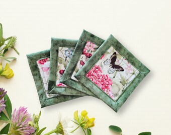 Spring Butterflies and Flowers Handmade Cotton Fabric Coaster Mug Rugs Set of Four