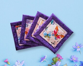 Colorful Spring Butterflies and Flowers Handmade Cotton Fabric Coaster Mug Rugs Set of Four