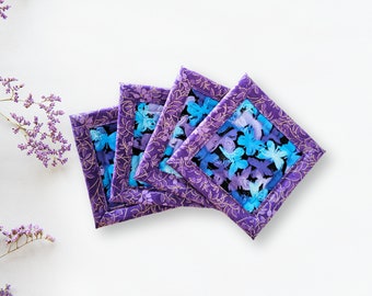 Purple and Blue Butterflies Handmade Cotton Fabric Coaster Mug Rugs Set of Four
