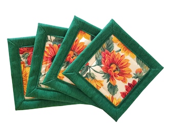 Green, Yellow, and Orange Floral Handmade Cotton Fabric Coaster Mug Rugs Set of Four