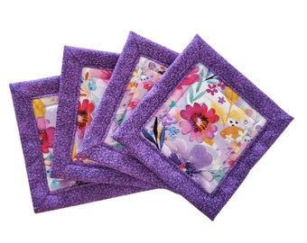 Purple Pastel Springtime Floral Handmade Cotton Fabric Coaster Mug Rugs Set of Four