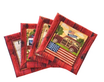 All American Campers, Farmer's Market Strawberries, & Patriotic Sunflowers Handmade Fabric Coaster Mug Rugs Set of Four