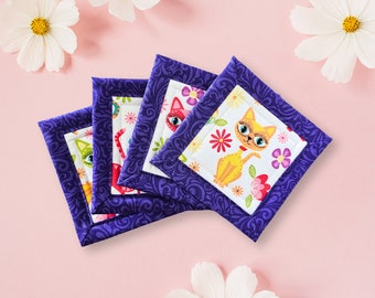 Colorful Cats and Flowers Handmade Cotton Fabric Coaster Mug Rugs Set of Four