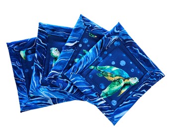 Vibrant Sea Turtles Handmade Cotton Fabric Coaster Mug Rugs Set of Four