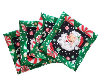 Vintage Santa Claus & Peppermint Candy Handmade Cotton Fabric Coaster Mug Rugs Set of Four