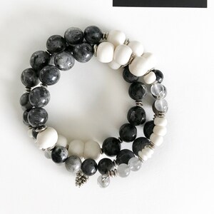 Handmade Women&#39;s Quartz, Natural Bone, and Labradorite Modern Wrap Bracelet
