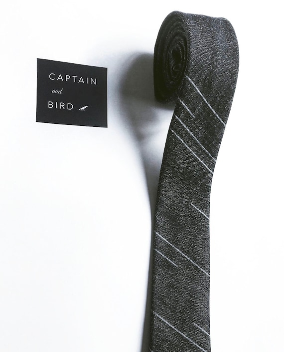 Hand Sewn Men's Black Denim Necktie with Broken Silver Hand Painted Diagonal Stripes