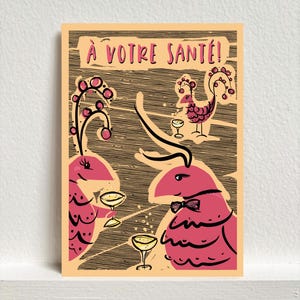 À votre santé, carte de félicitations portant un toast aux oiseaux roses