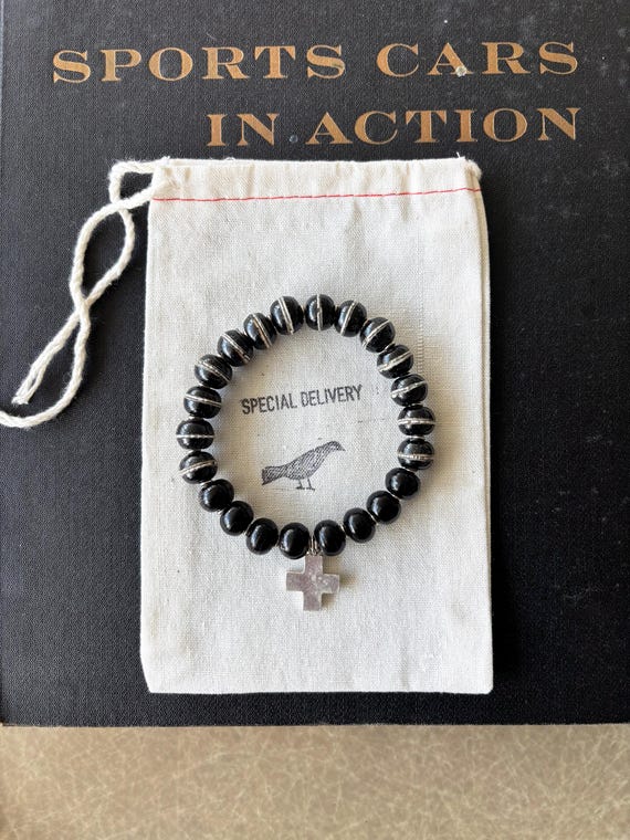 Moto Bracelet #4, Horn and Silver with Metal Cross