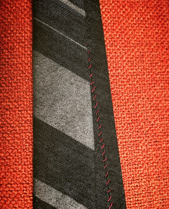 Hand Sewn Men's Black Denim Necktie with Silver Hand Painted Diagonal Stripes