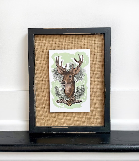 Evergreen Deer Art Print in Rustic Frame