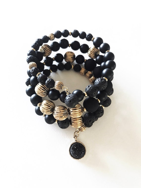 Handmade Women's Lava Rock, Smooth Black Matte and Gold Accent Beads Wrap Bracelet
