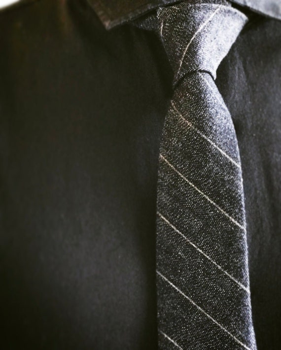 Hand Sewn Men's Black Denim Necktie with Hand Painted Gold Diagonal Stripes